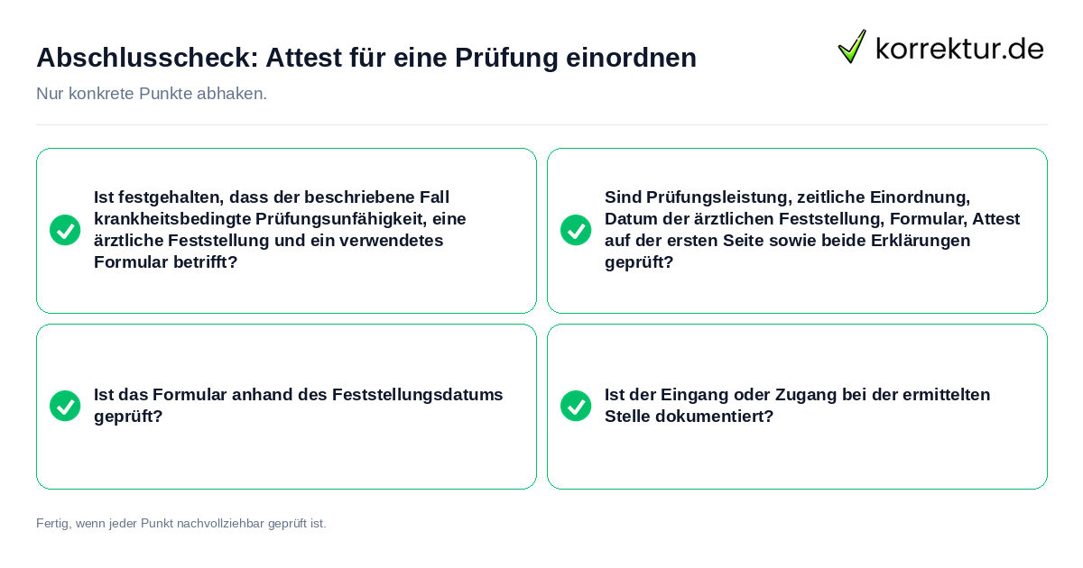 Konkreter Abschlusscheck zu Attest für eine Prüfung einordnen