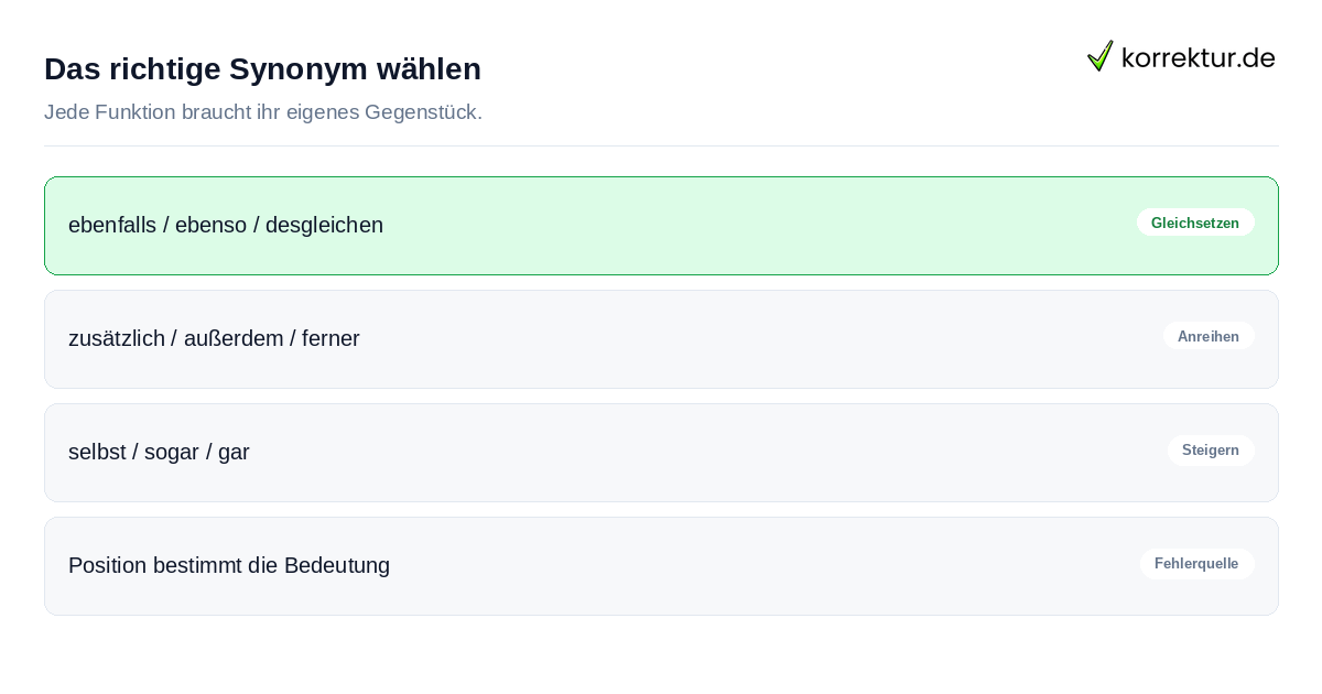 Synonyme für Auch je nach Funktion im Satz