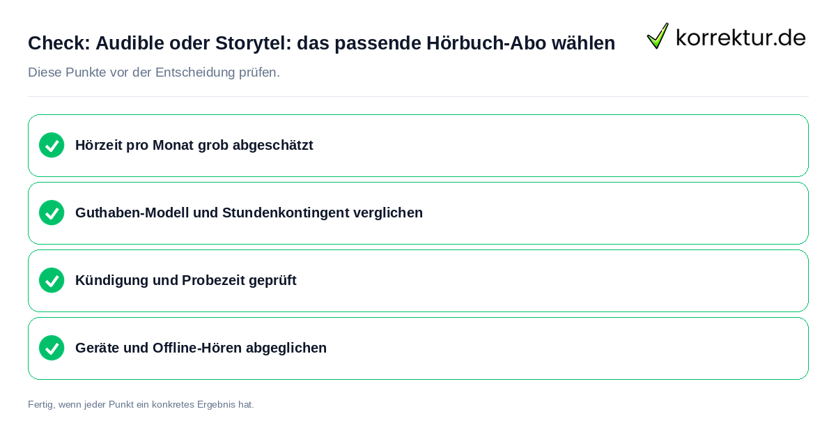 Check: Audible oder Storytel: das passende Hörbuch-Abo wählen Audible oder Storytel: das passende Hörbuch-Abo wählen: Prüfliste mit vier Punkten
