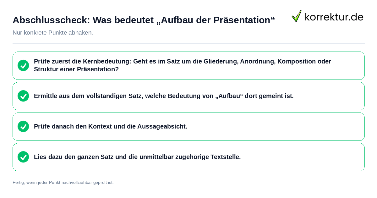 Konkreter Abschlusscheck zu Was bedeutet „Aufbau der Präsentation“