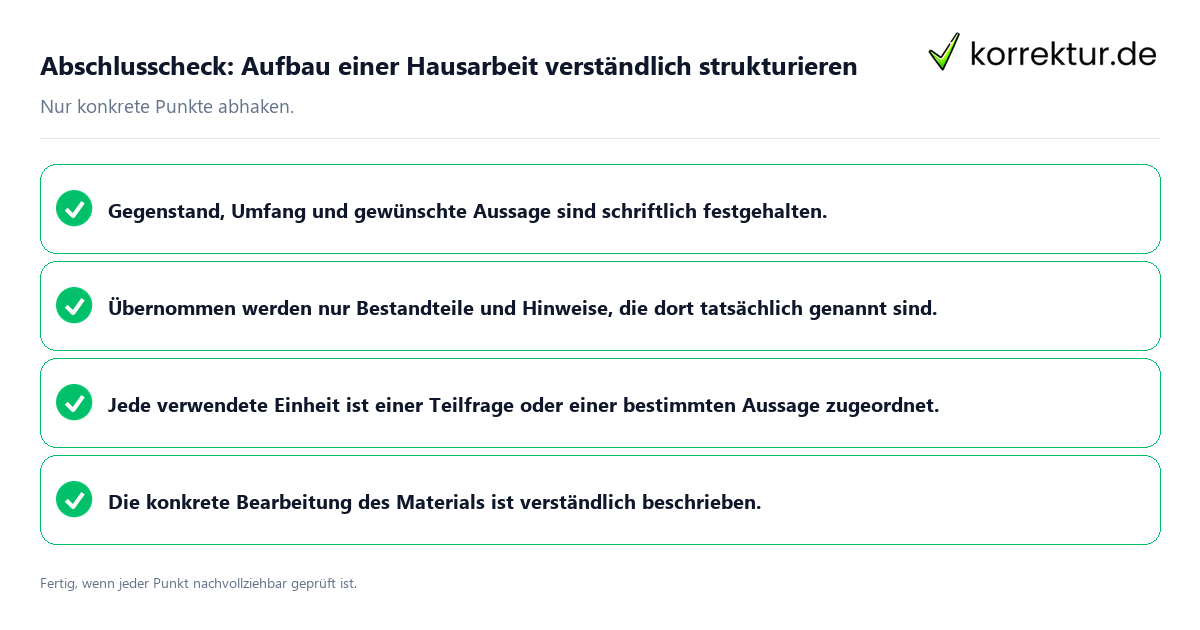 Konkreter Abschlusscheck zu Aufbau einer Hausarbeit verständlich strukturieren