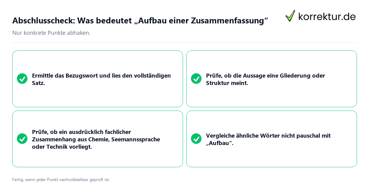 Konkreter Abschlusscheck zu Was bedeutet „Aufbau einer Zusammenfassung“