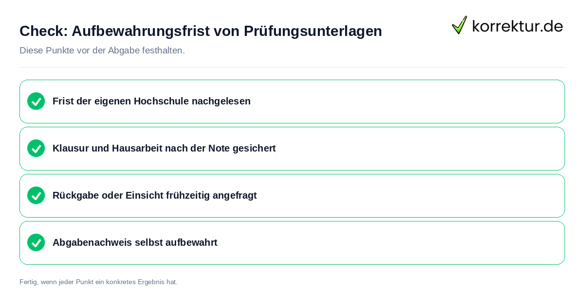 Aufbewahrungsfrist von Prüfungsunterlagen: Prüfliste mit vier Punkten