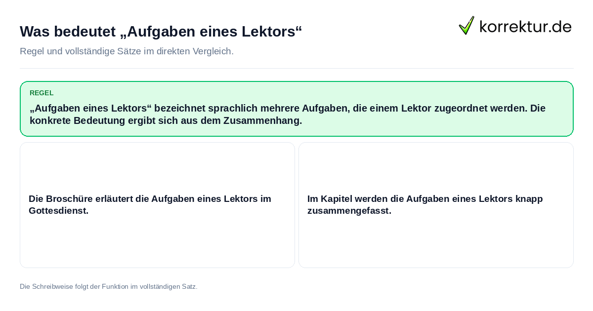 Was bedeutet „Aufgaben eines Lektors“ Konkrete Regel und vollständige Beispielsätze zu Was bedeutet „Aufgaben eines Lektors“