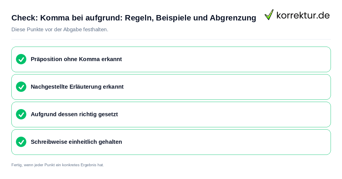 Komma bei aufgrund: Regeln, Beispiele und Abgrenzung: Prüfliste mit vier Punkten