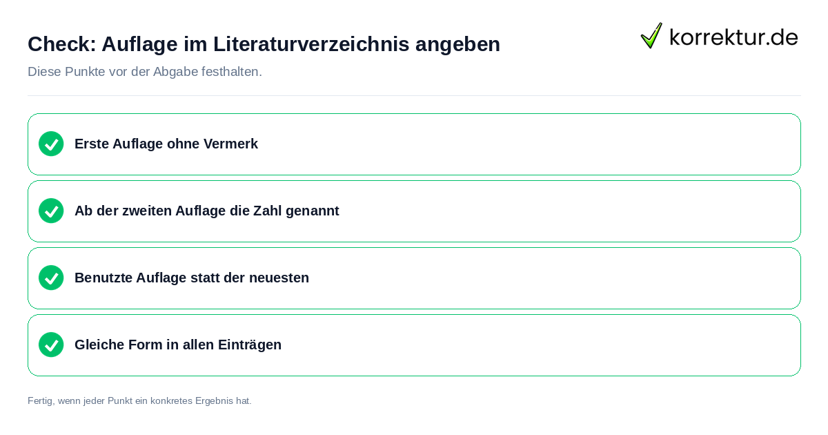 Auflage im Literaturverzeichnis angeben: Prüfliste mit vier Punkten