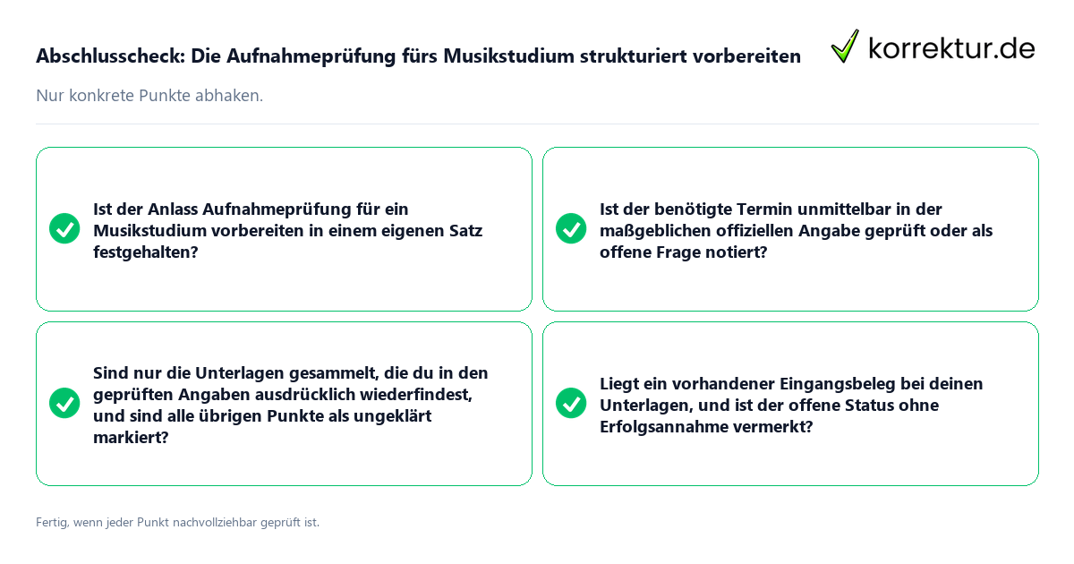Konkreter Abschlusscheck zu Die Aufnahmeprüfung fürs Musikstudium strukturiert vorbereiten