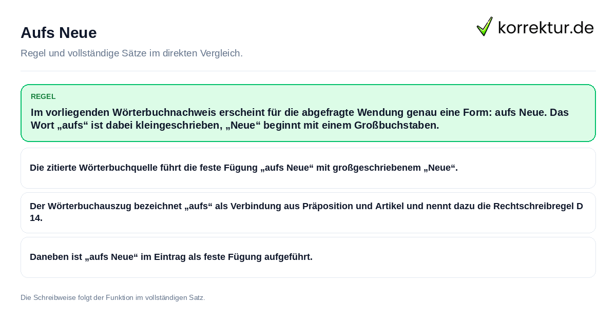 Konkrete Regel und vollständige Beispielsätze zu Aufs Neue