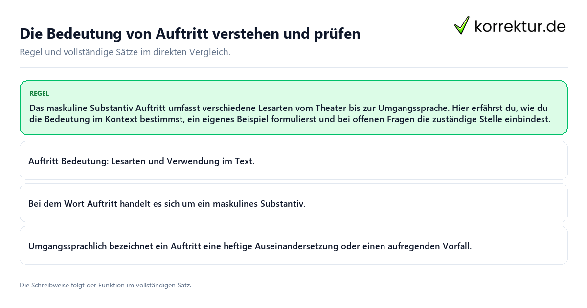 Die Bedeutung von Auftritt verstehen und prüfen Konkrete Regel und vollständige Beispielsätze zu Die Bedeutung von Auftritt verstehen und prüfen