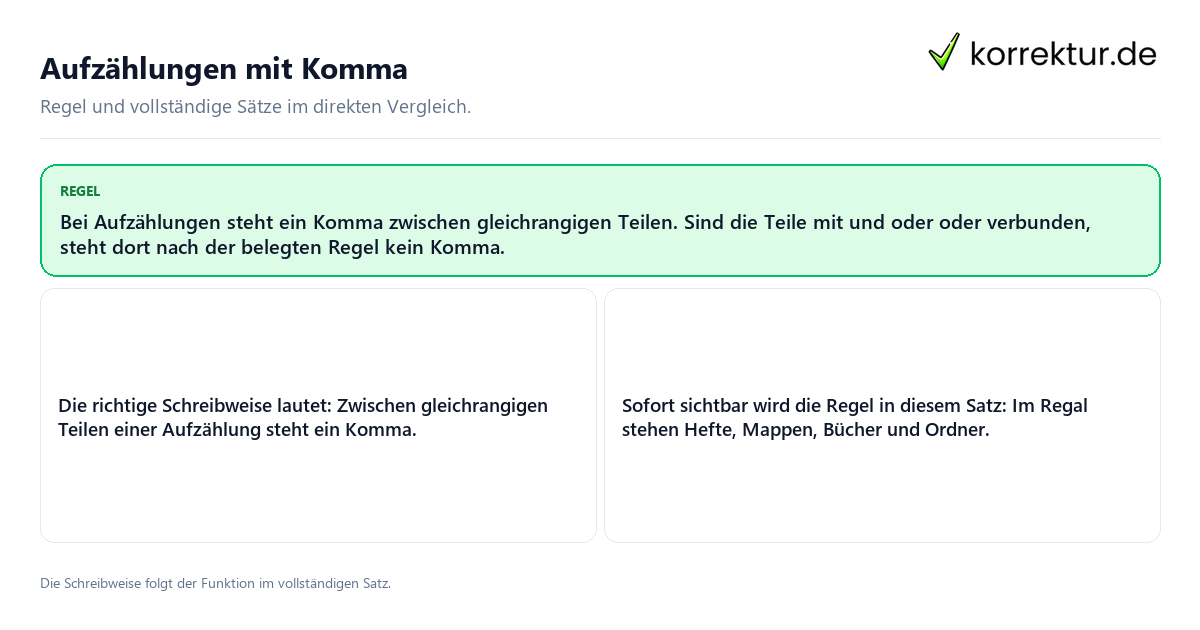 Konkrete Regel und vollständige Beispielsätze zu Aufzählungen mit Komma