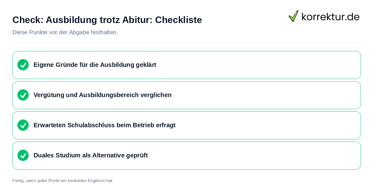 Check: Ausbildung trotz Abitur: Checkliste Ausbildung trotz Abitur: Checkliste: Prüfliste mit vier Punkten
