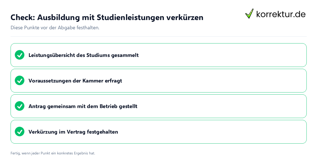 Check: Ausbildung mit Studienleistungen verkürzen Ausbildung mit Studienleistungen verkürzen: Prüfliste mit vier Punkten