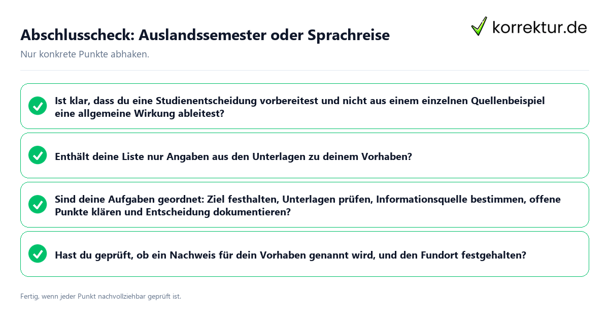 Konkreter Abschlusscheck zu Auslandssemester oder Sprachreise