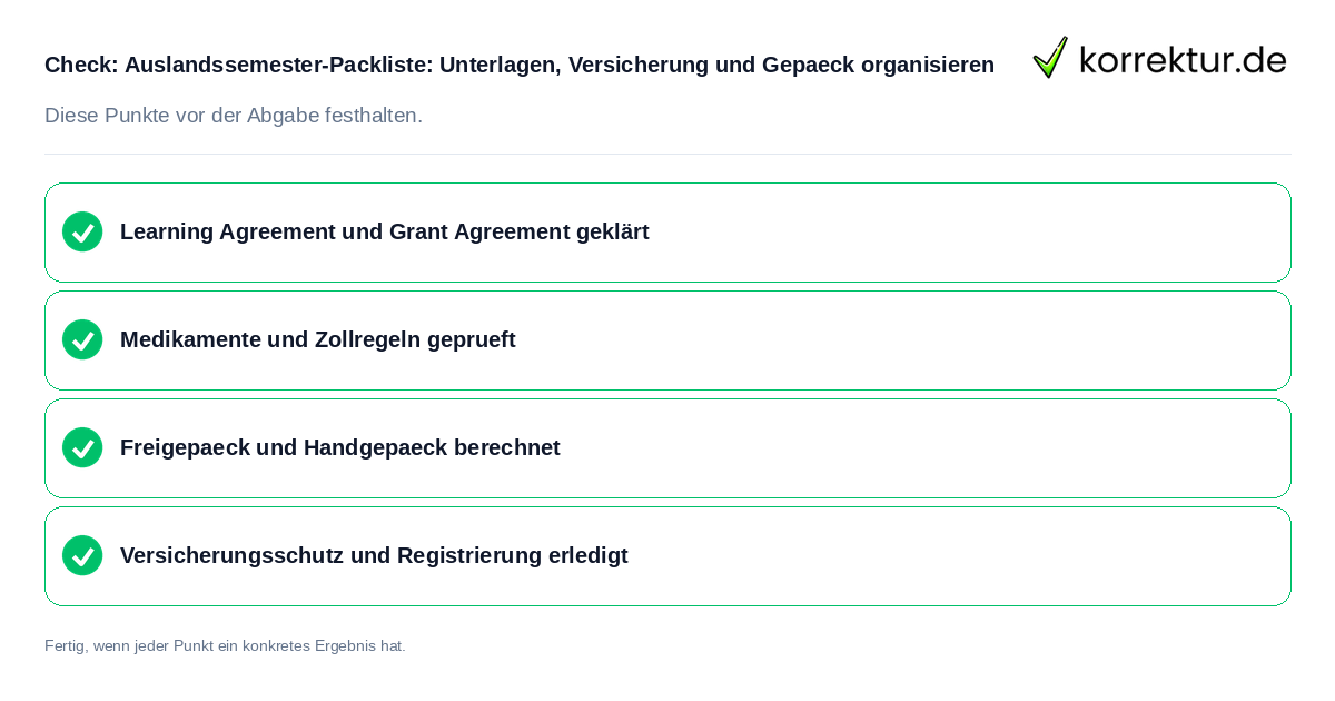Auslandssemester-Packliste: Unterlagen, Versicherung und Gepäck organisieren: Prüfliste mit vier Punkten
