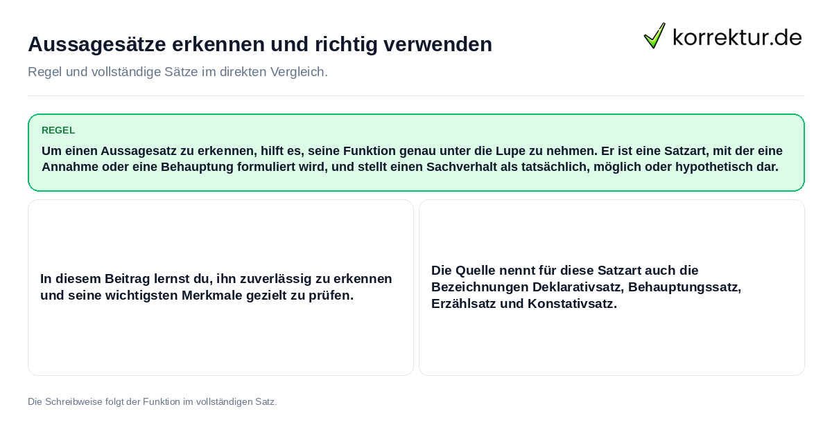 Konkrete Regel und vollständige Beispielsätze zu Aussagesätze erkennen und richtig verwenden