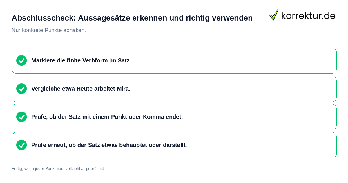 Konkreter Abschlusscheck zu Aussagesätze erkennen und richtig verwenden