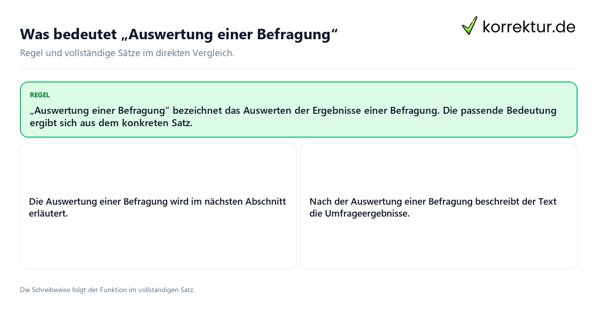 Konkrete Regel und vollständige Beispielsätze zu Was bedeutet „Auswertung einer Befragung“