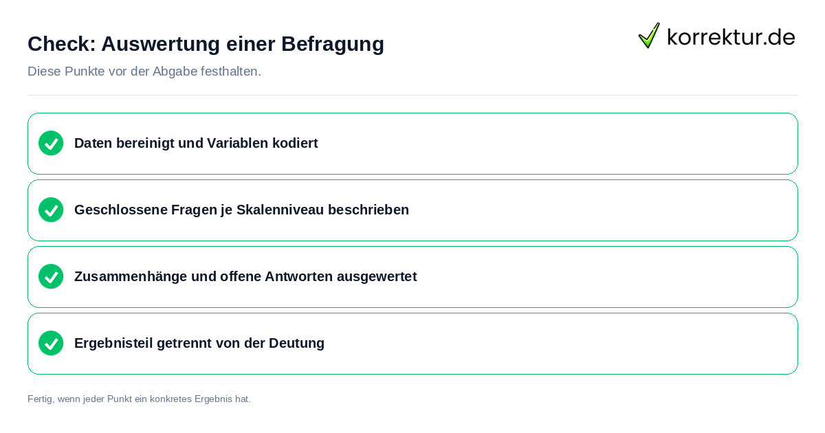 Auswertung einer Befragung: Prüfliste mit vier Punkten
