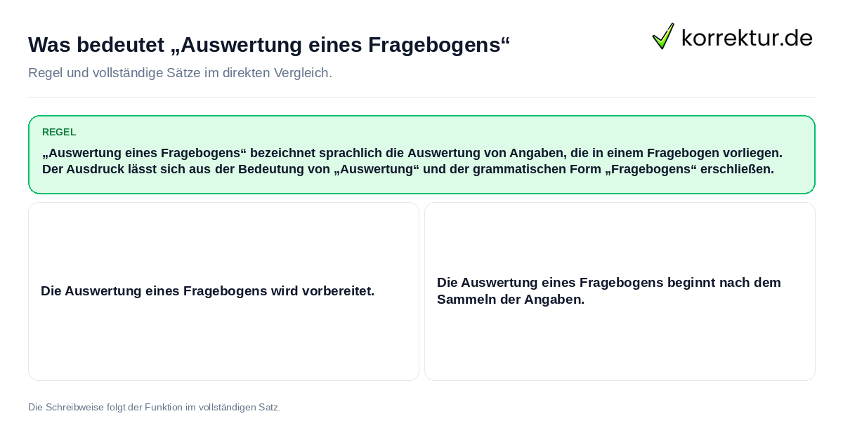 Was bedeutet „Auswertung eines Fragebogens“ Konkrete Regel und vollständige Beispielsätze zu Was bedeutet „Auswertung eines Fragebogens“
