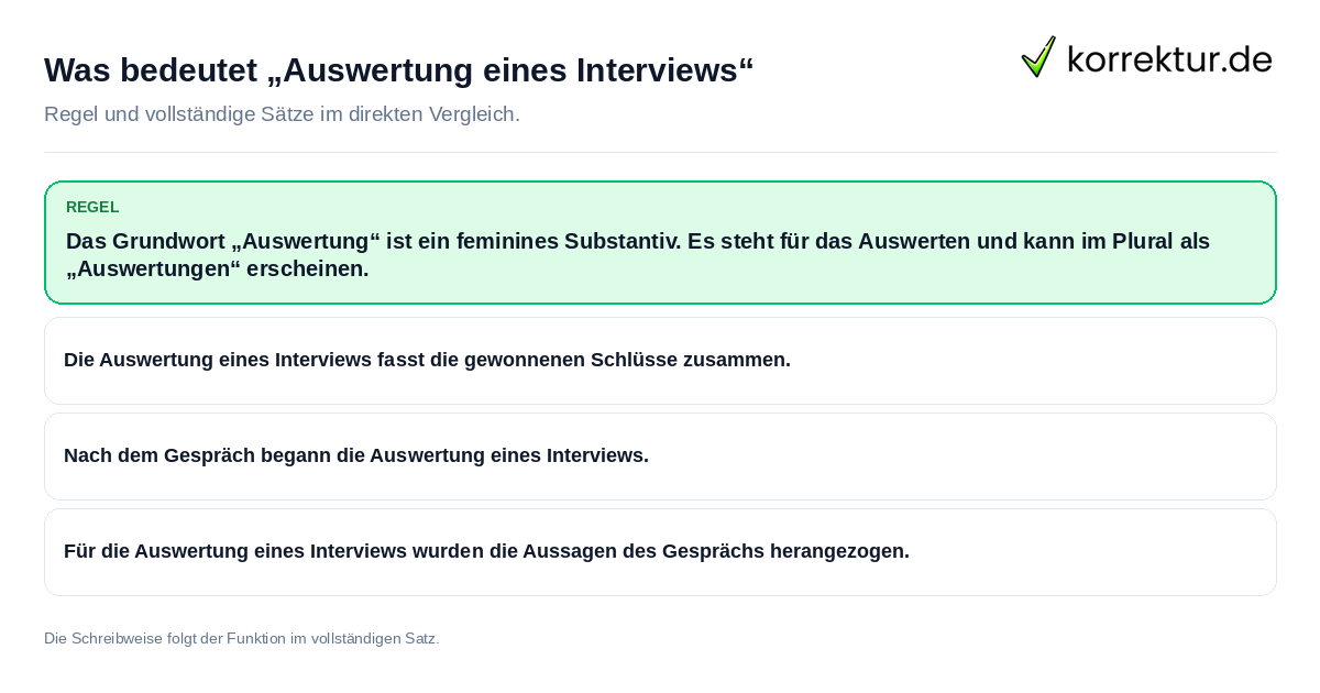 Konkrete Regel und vollständige Beispielsätze zu Was bedeutet „Auswertung eines Interviews“
