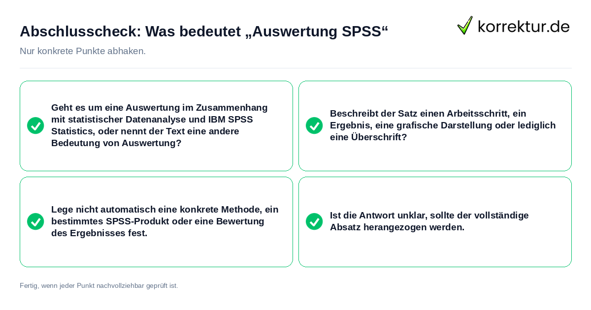 Abschlusscheck: Was bedeutet „Auswertung SPSS“ Konkreter Abschlusscheck zu Was bedeutet „Auswertung SPSS“