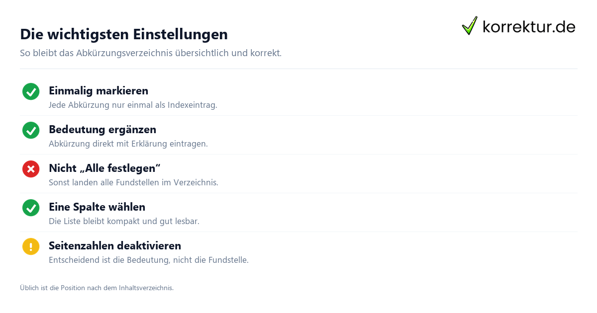 Die wichtigsten Einstellungen Automatisches Abkürzungsverzeichnis in Word erstellen, wichtige Einstellungen
