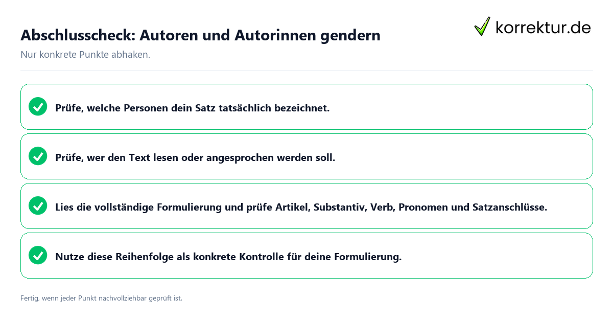 Konkreter Abschlusscheck zu Autoren und Autorinnen gendern