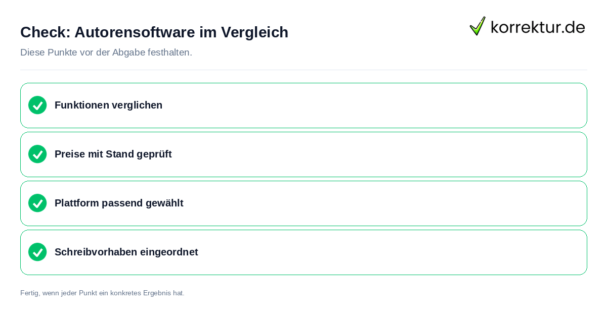 Check: Autorensoftware im Vergleich Autorensoftware im Vergleich: Prüfliste mit vier Punkten