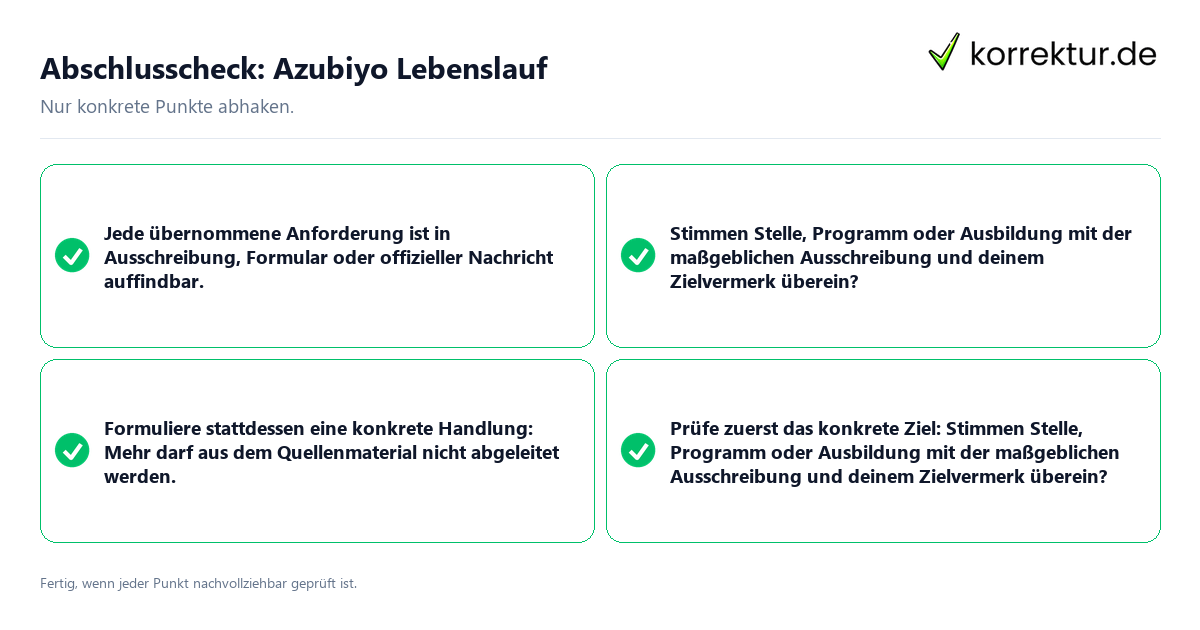Konkreter Abschlusscheck zu Azubiyo Lebenslauf