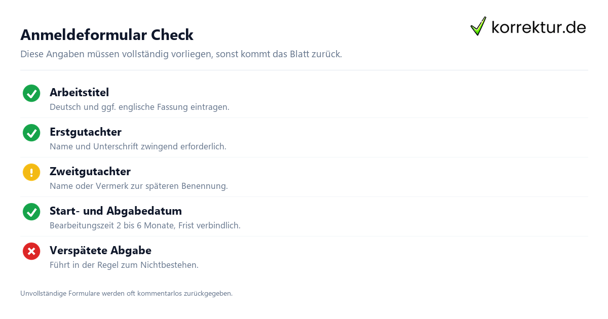 Bachelorarbeit anmelden: Checkliste für das Anmeldeformular