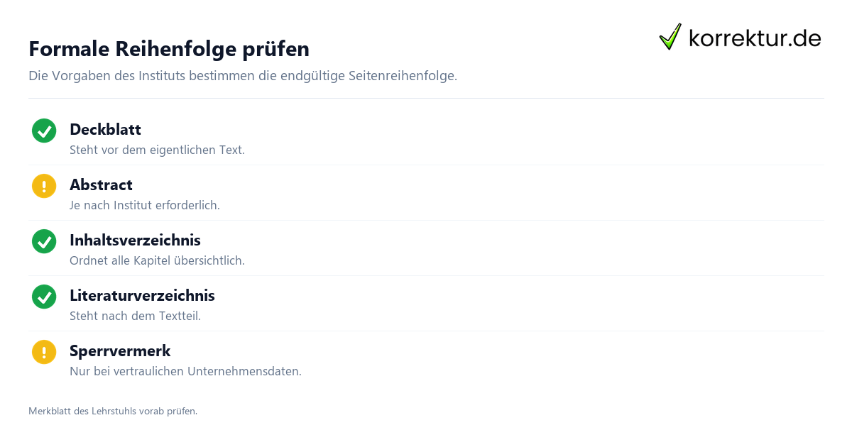 Formale Reihenfolge prüfen Bachelorarbeit Aufbau: formale Bestandteile prüfen