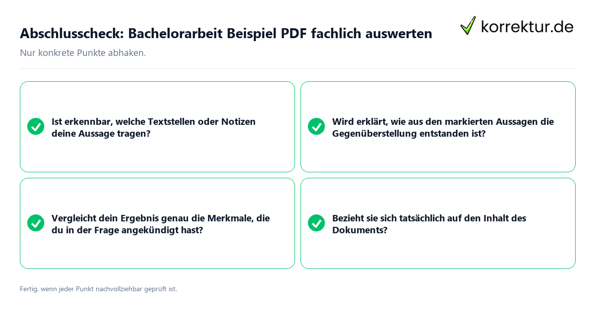 Konkreter Abschlusscheck zu Bachelorarbeit Beispiel PDF fachlich auswerten