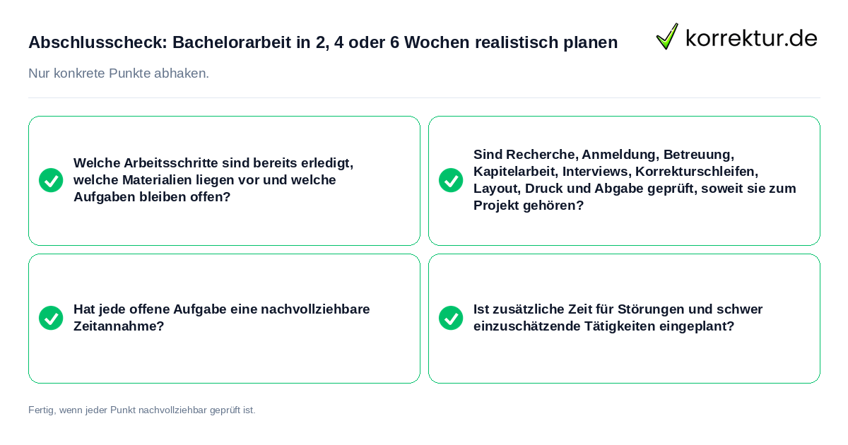 Konkreter Abschlusscheck zu Bachelorarbeit in 2, 4 oder 6 Wochen realistisch planen