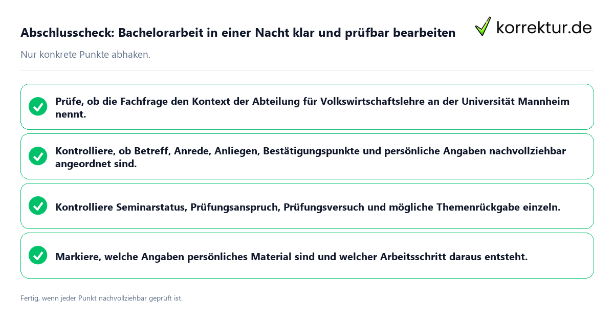 Konkreter Abschlusscheck zu Bachelorarbeit in einer Nacht klar und prüfbar bearbeiten