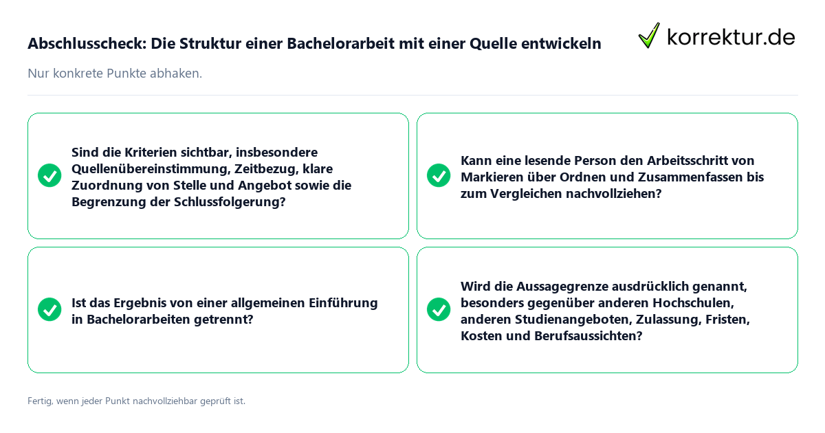 Konkreter Abschlusscheck zu Die Struktur einer Bachelorarbeit mit einer Quelle entwickeln