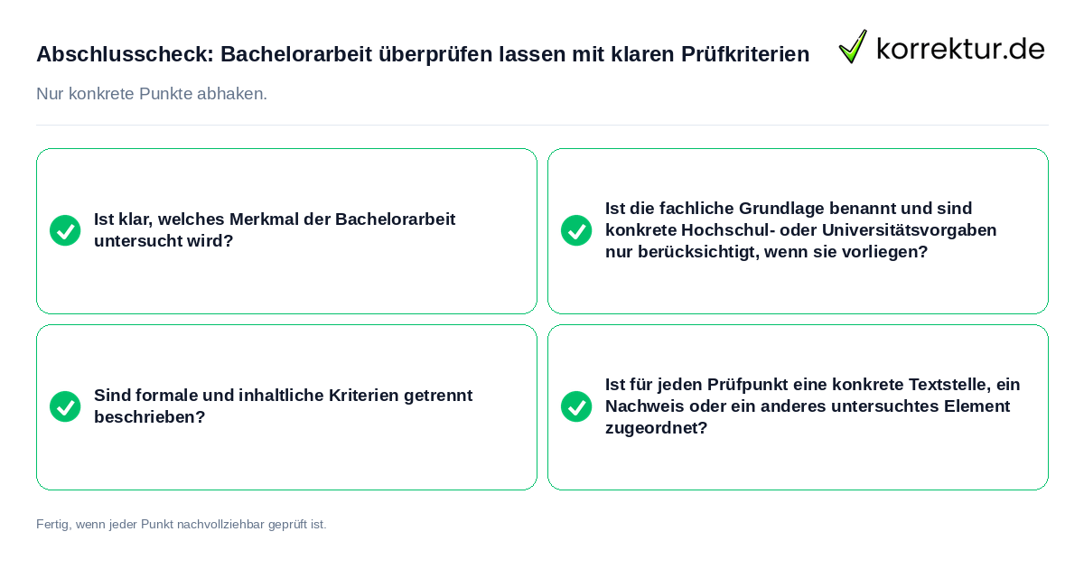 Abschlusscheck: Bachelorarbeit überprüfen lassen mit klaren Prüfkriterien Konkreter Abschlusscheck zu Bachelorarbeit überprüfen lassen mit klaren Prüfkriterien