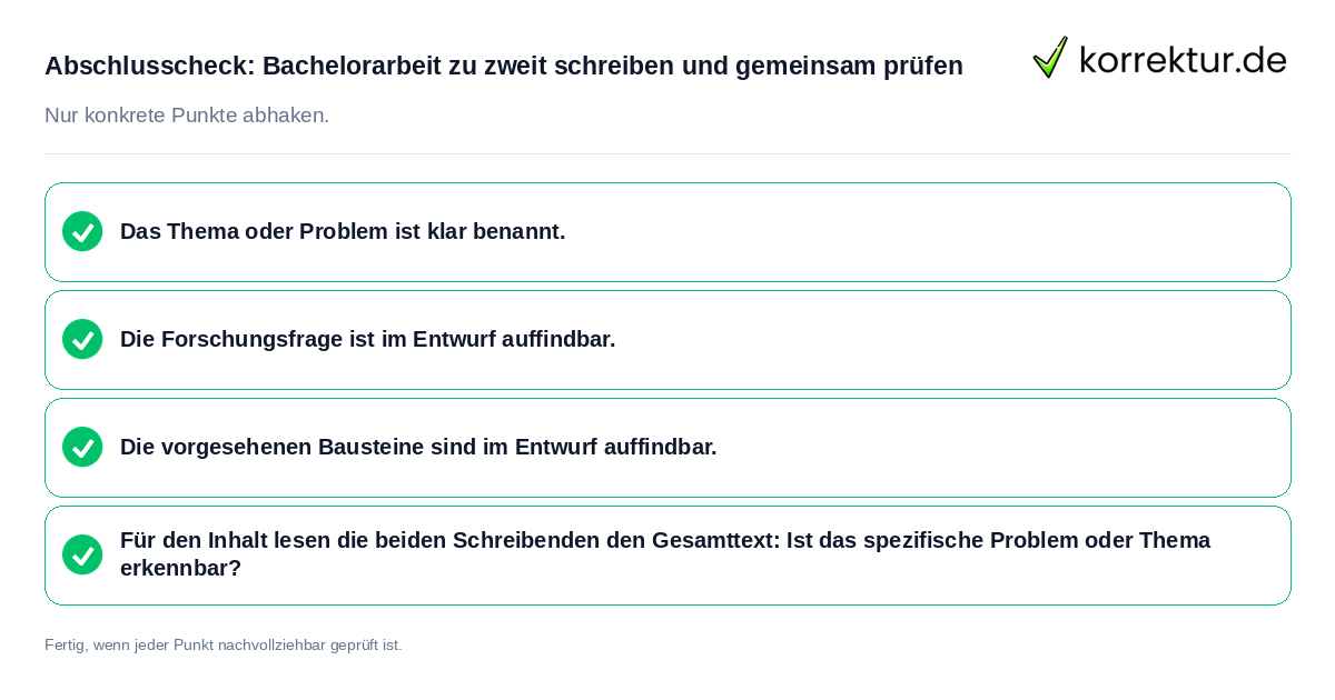 Abschlusscheck: Bachelorarbeit zu zweit schreiben und gemeinsam prüfen Konkreter Abschlusscheck zu Bachelorarbeit zu zweit schreiben und gemeinsam prüfen