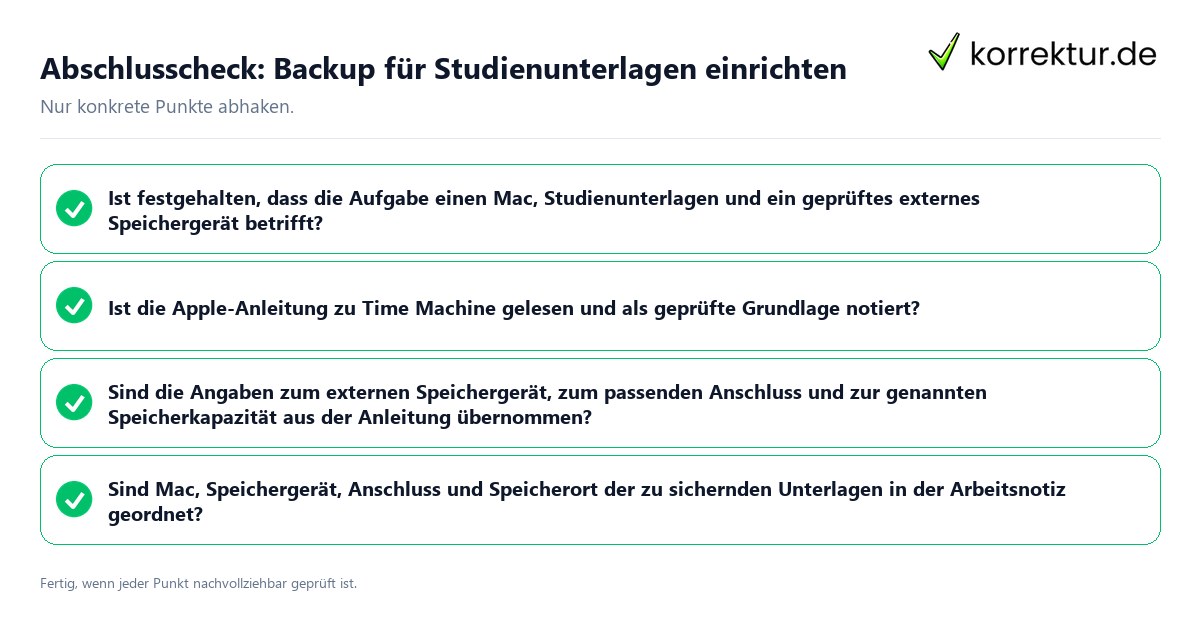 Konkreter Abschlusscheck zu Backup für Studienunterlagen einrichten