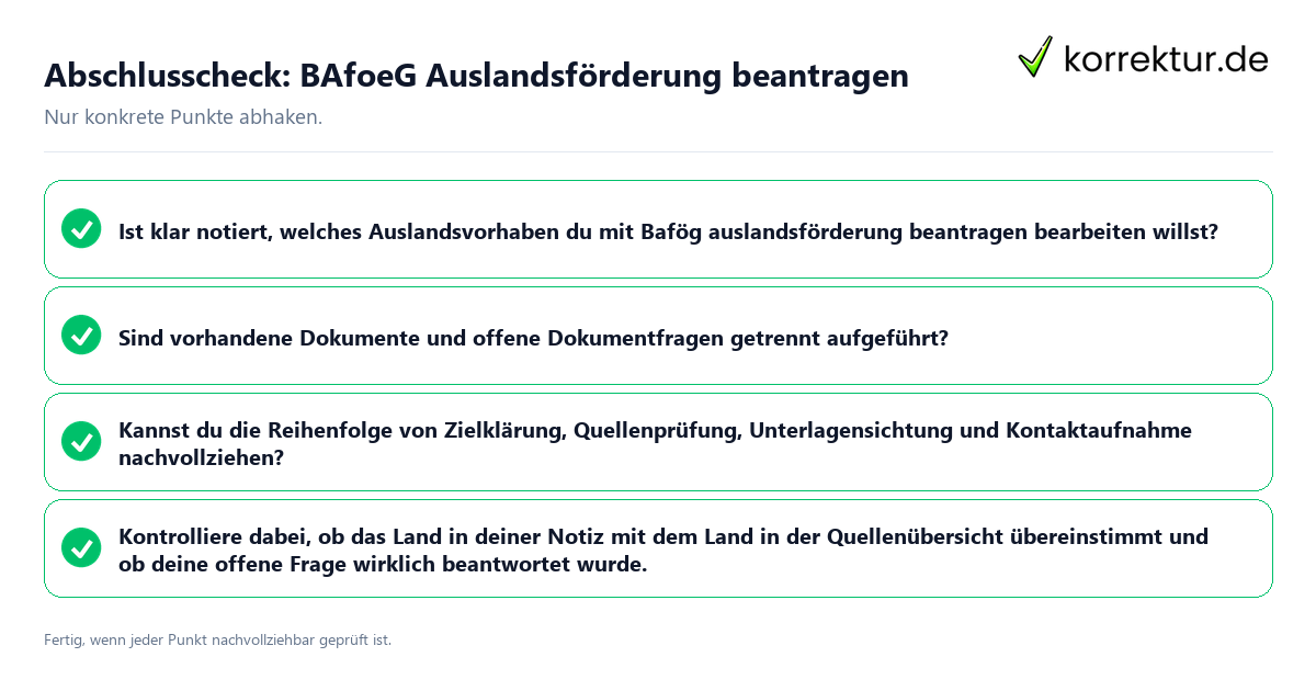 Abschlusscheck: BAfoeG Auslandsförderung beantragen Konkreter Abschlusscheck zu BAfoeG Auslandsförderung beantragen