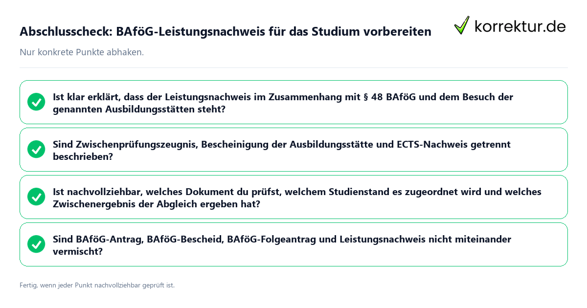 Abschlusscheck: BAföG-Leistungsnachweis für das Studium vorbereiten Konkreter Abschlusscheck zu BAföG-Leistungsnachweis für das Studium vorbereiten