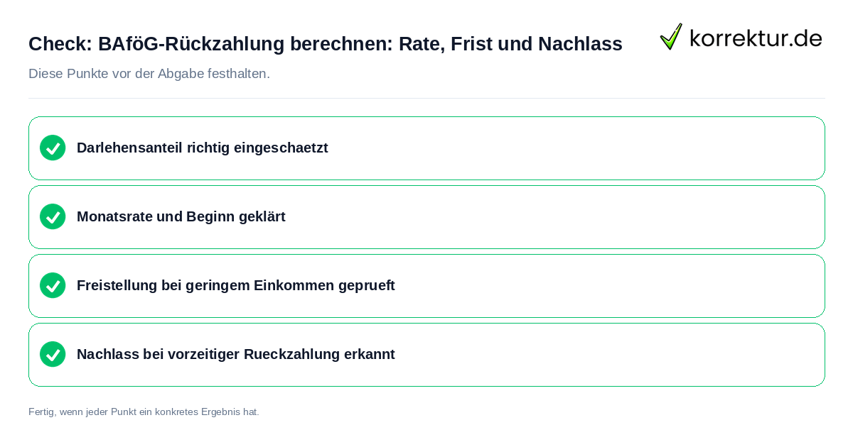 BAföG-Rückzahlung berechnen: Rate, Frist und Nachlass: Prüfliste mit vier Punkten