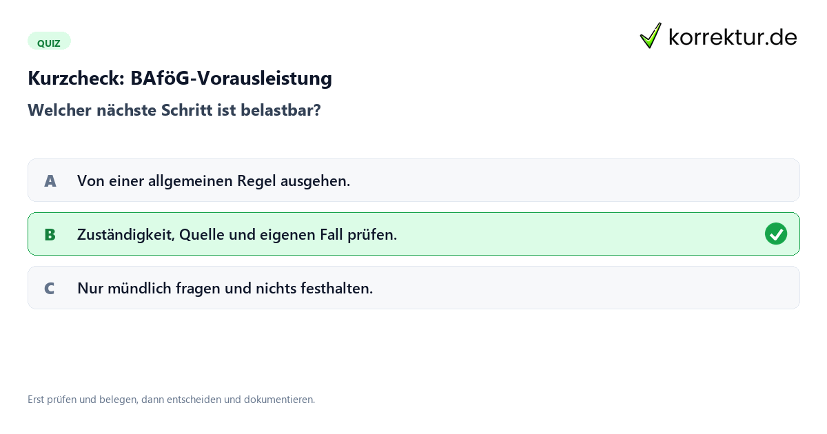 BAföG-Vorausleistung mit einem Kurzquiz zum sinnvollen nächsten Schritt