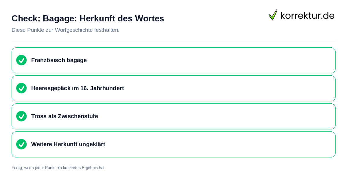 Bagage: Herkunft des Wortes: Prüfliste mit vier Punkten