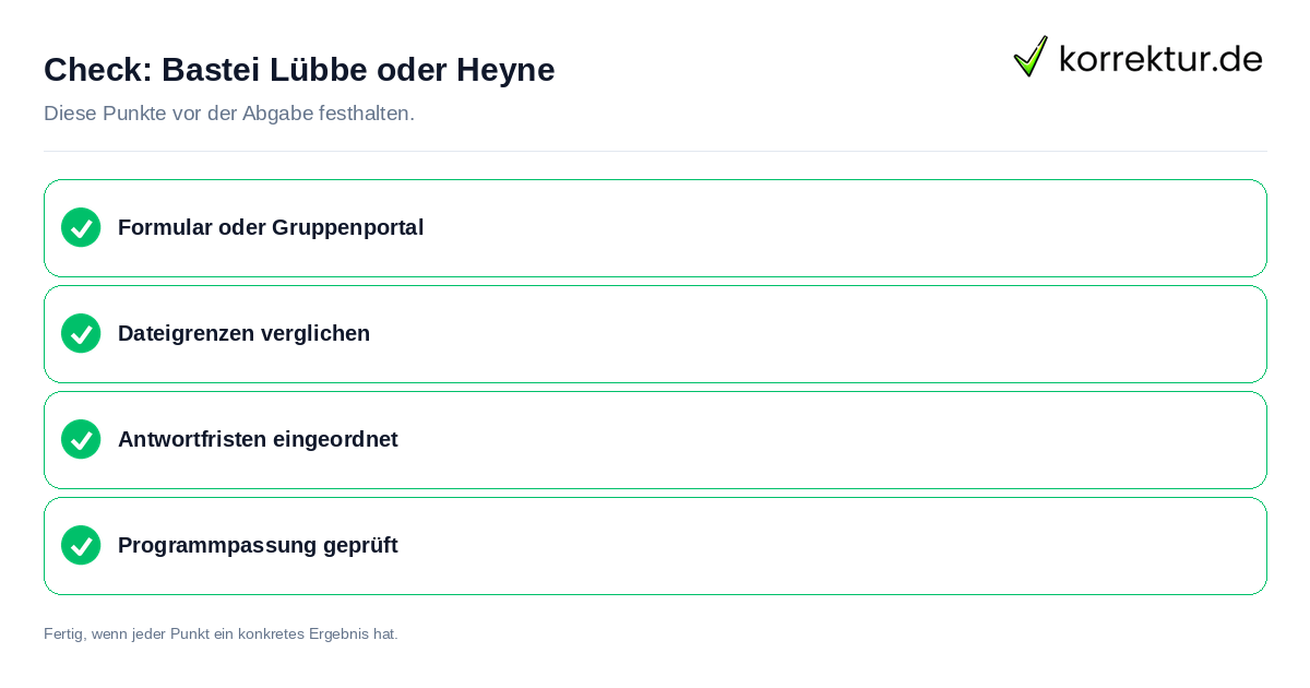 Check: Bastei Lübbe oder Heyne Bastei Lübbe oder Heyne: Prüfliste mit vier Punkten
