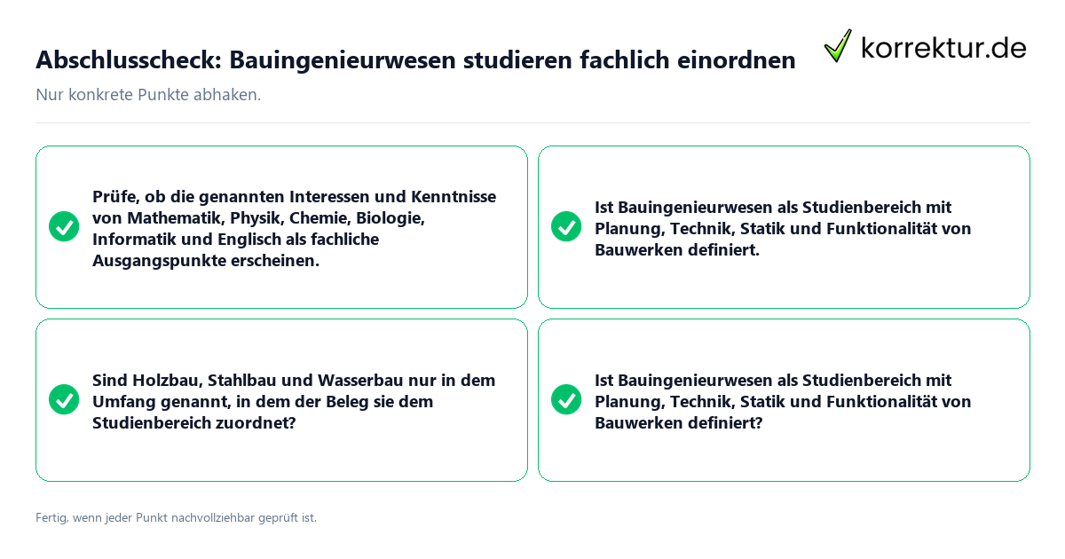 Konkreter Abschlusscheck zu Bauingenieurwesen studieren fachlich einordnen