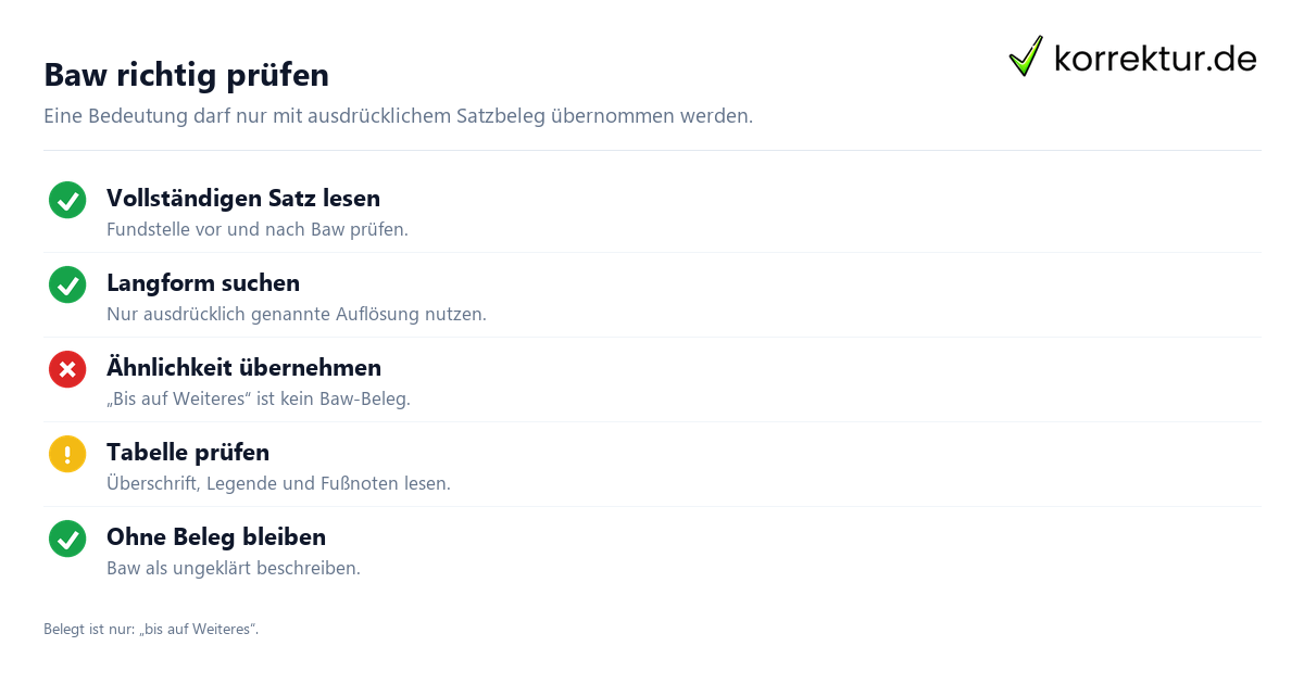 Baw richtig prüfen Was bedeutet die Abkürzung Baw? Prüfkriterien für eine belegte Bedeutung