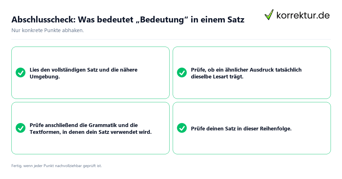 Konkreter Abschlusscheck zu Was bedeutet „Bedeutung“ in einem Satz