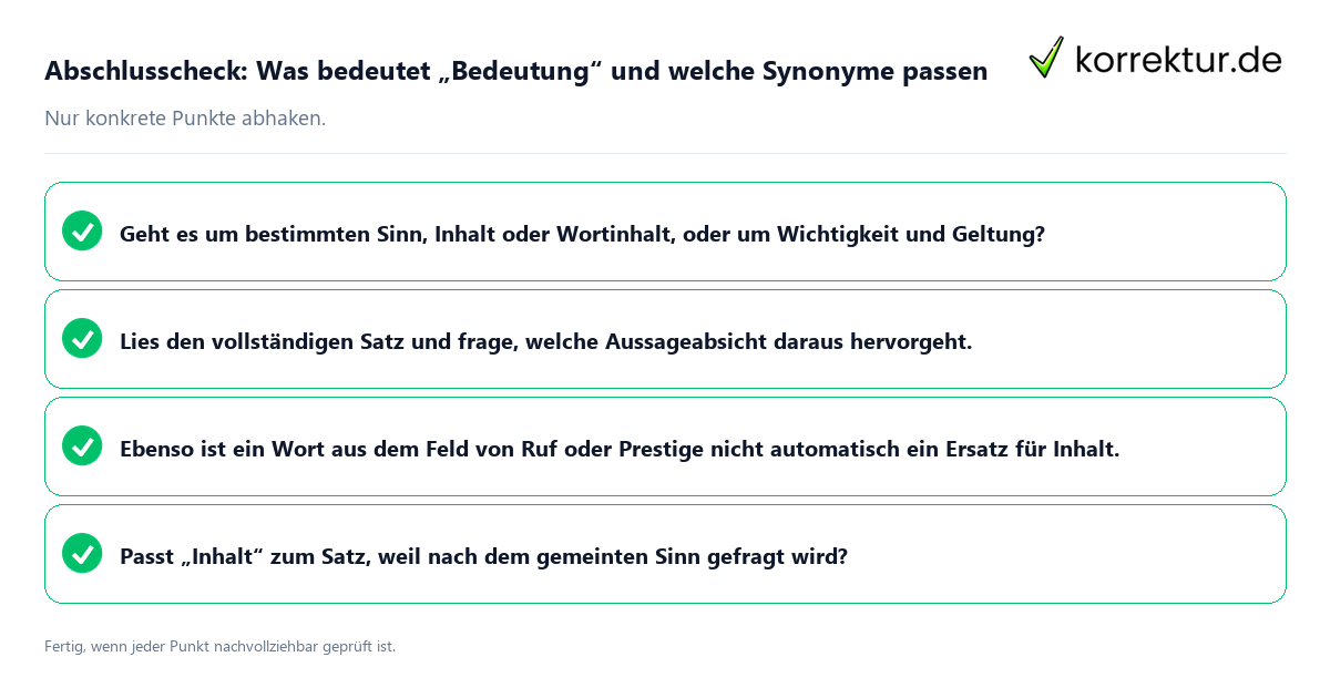 Konkreter Abschlusscheck zu Was bedeutet „Bedeutung“ und welche Synonyme passen