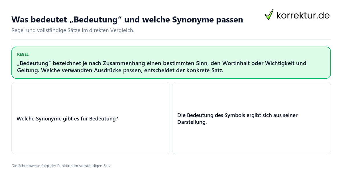 Konkrete Regel und vollständige Beispielsätze zu Was bedeutet „Bedeutung“ und welche Synonyme passen