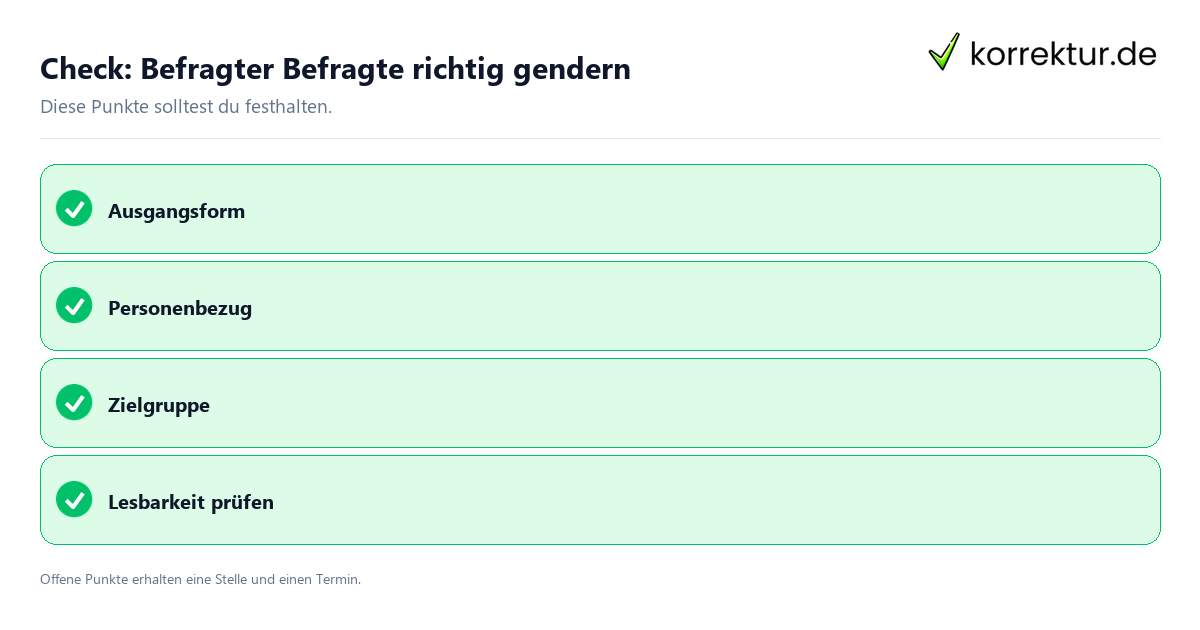 Befragter Befragte richtig gendern mit Checkliste für Unterlagen und nächste Schritte